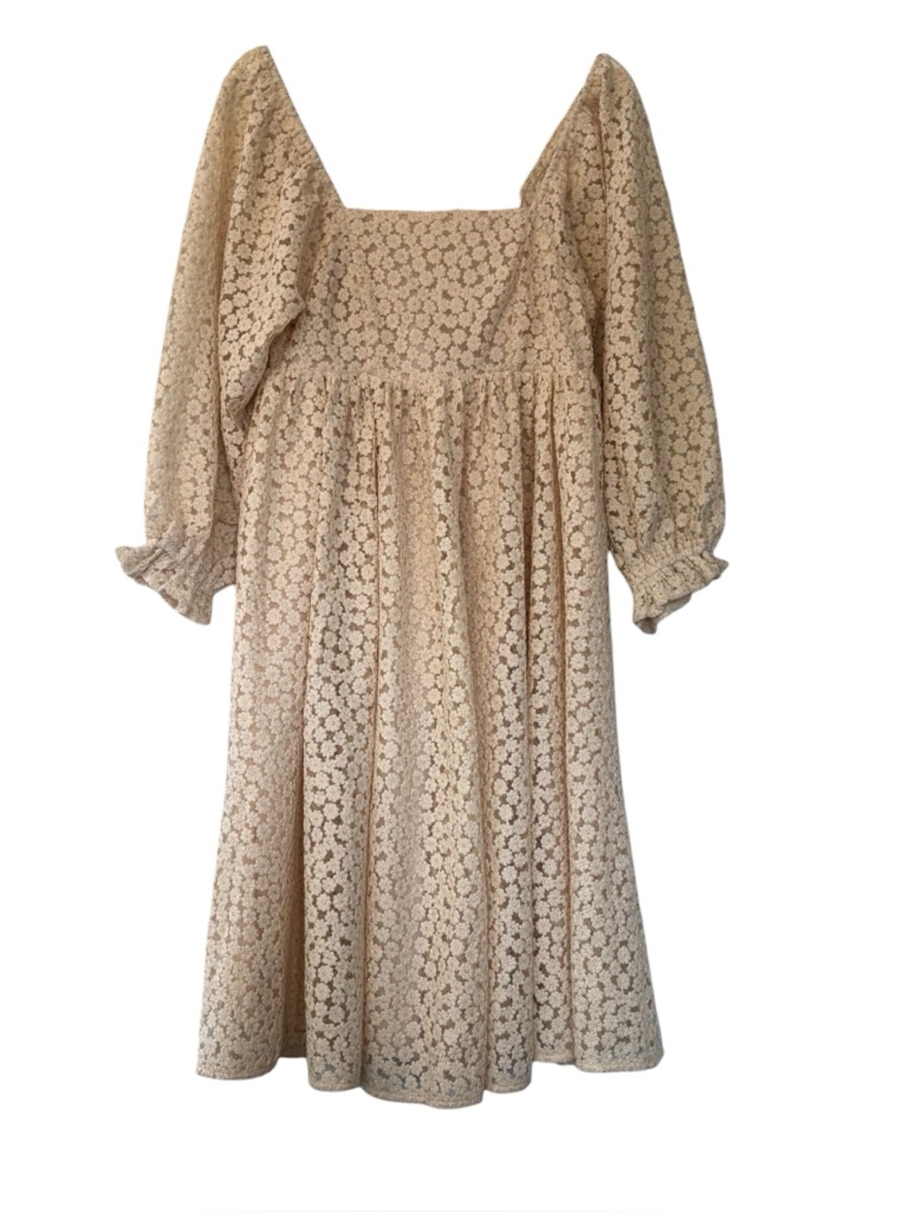 Storia Lace Dress Cream Women’s Size Medium Babydoll Puffy Sleeve Ruffle Hem